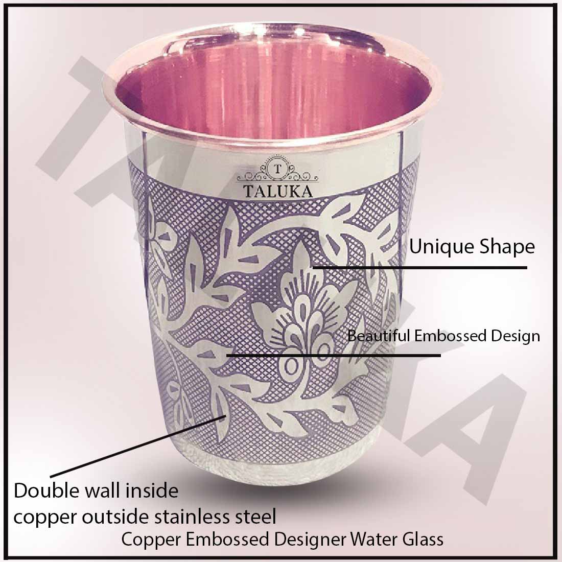 Stainless Steel Copper Glass Etching Embossed Design Tumbler Cup, Drinkware Serveware, Health Benefits Ayurveda Yoga, 4 inch Set of 1 Glass (Copper and Silver)