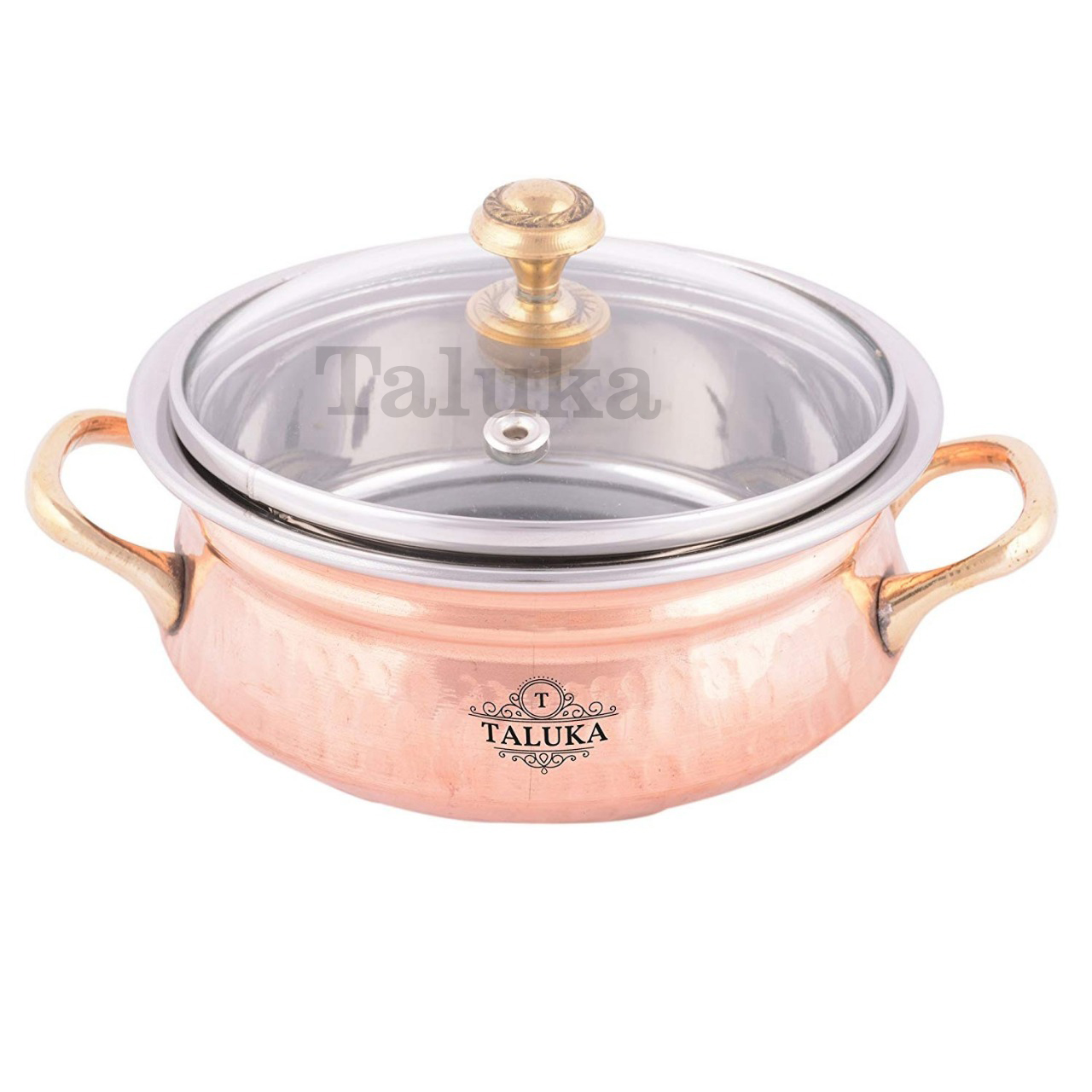 Taluka Pure Copper Handmade Designer Hammered Copper Casserole with Glass Lid Set of 4 Casserole with Serving Spoon for Serving Restaurant Hotel Home Ware Capacity :- 600 ml Each