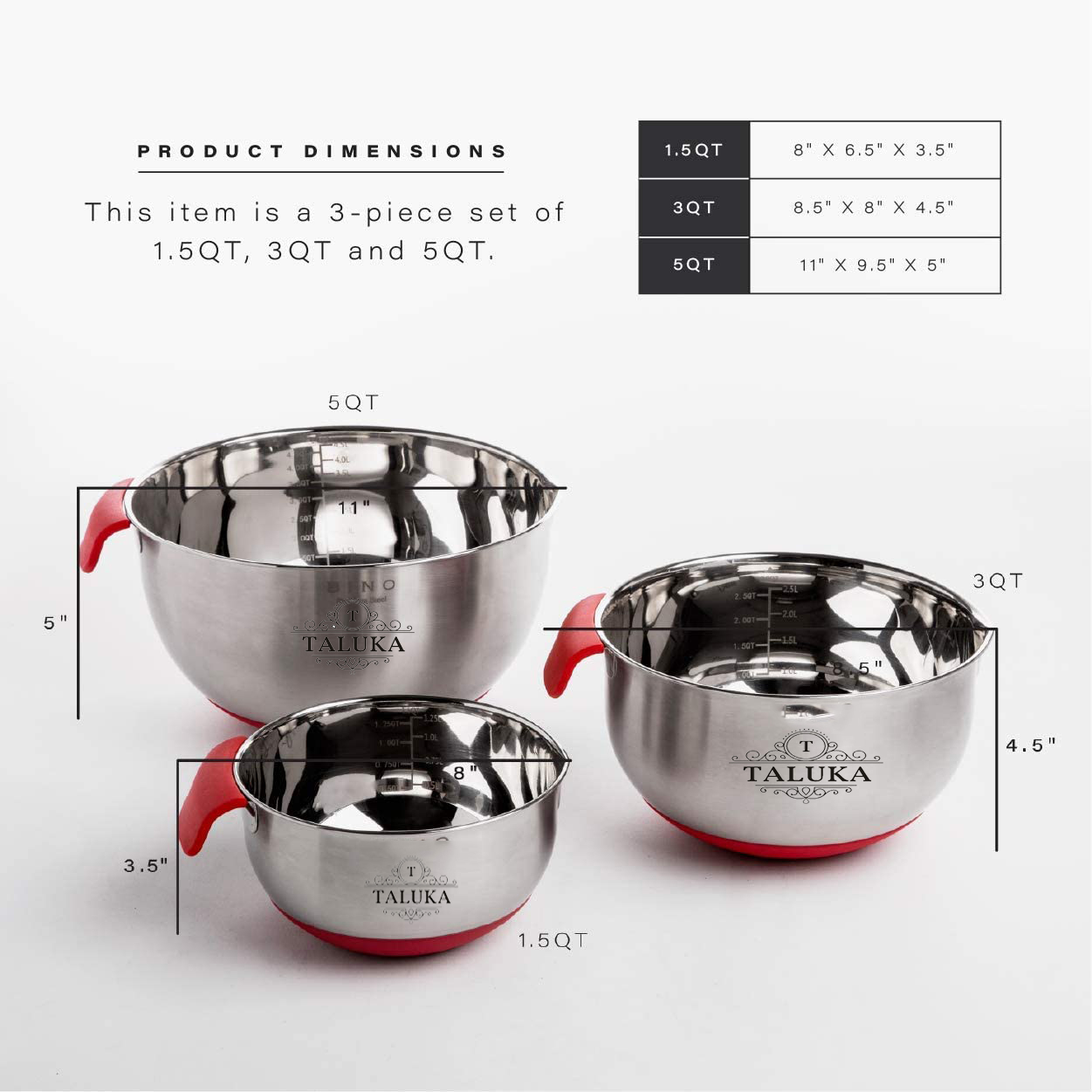 Taluka Stainless Steel Mixing Bowls with Handle Non-Slip 3 Pc Mixing Bowl Set With Measuring Cups & Spoon 4 PC for Cooking, Baking, Prepping, Food Storage