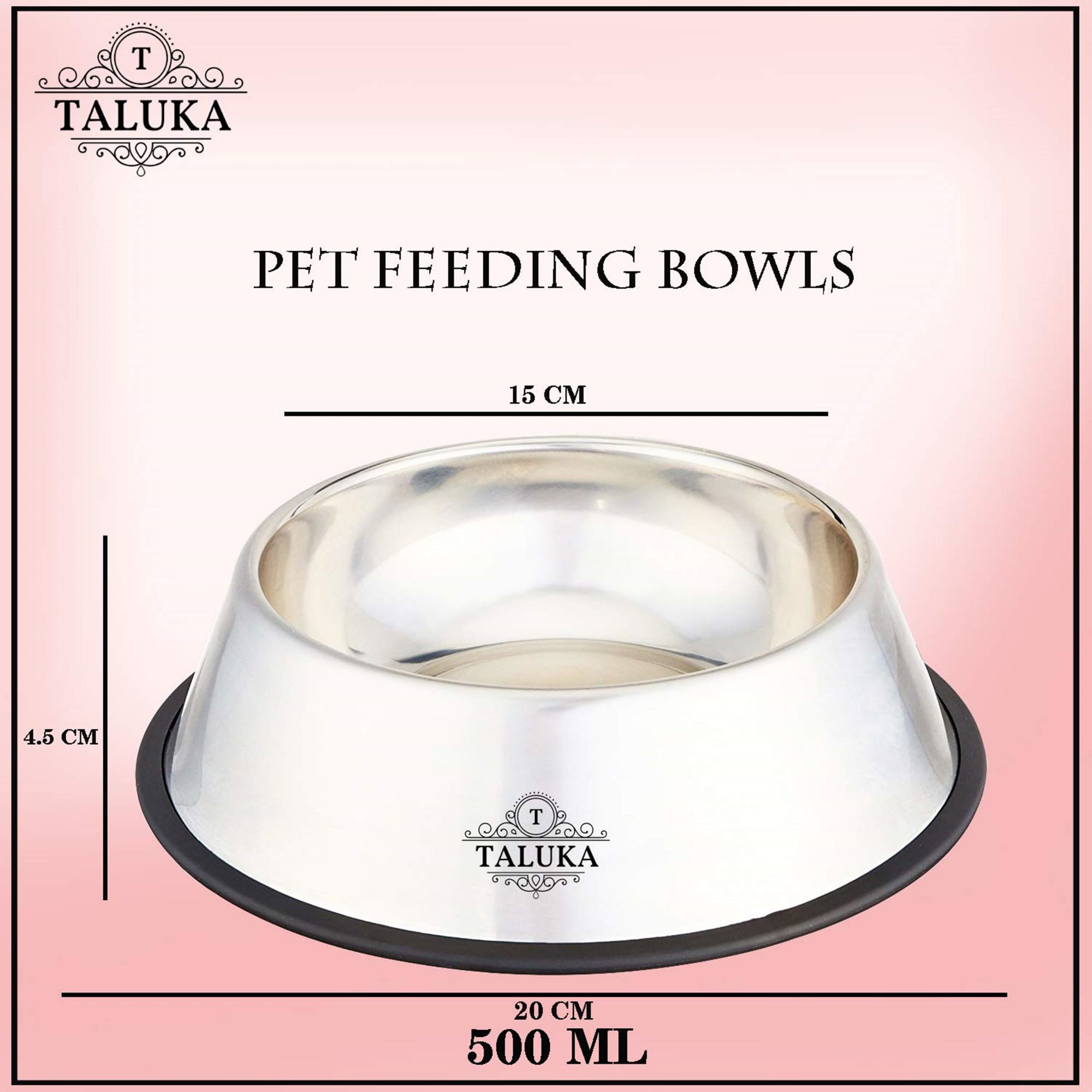 Taluka Pet Feeding Bowls for Dogs- Set of 3, 500 ML + 700 ML + 1000 ML, with Anti Skid Ring