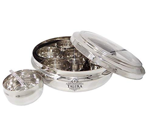 Taluka Stainless Steel Kitchen Masala Dabba/Spice-box/Organiser/masala-dani with 7 Containers and Spoon, Glass Lid (Medium, Silver)