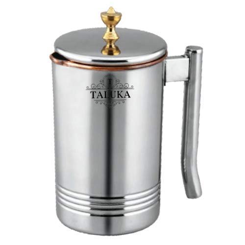 Taluka Copper Stainless Steel Jug Pitcher with Brass Knob, Storage and Serving Water Home Hotel Restaurant (1500 ML)