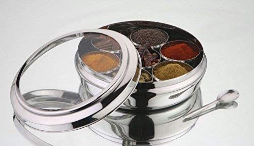 Taluka Stainless Steel Kitchen Masala Dabba/Spice-box/Organiser/masala-dani with 7 Containers and Spoon, Glass Lid (Medium, Silver)