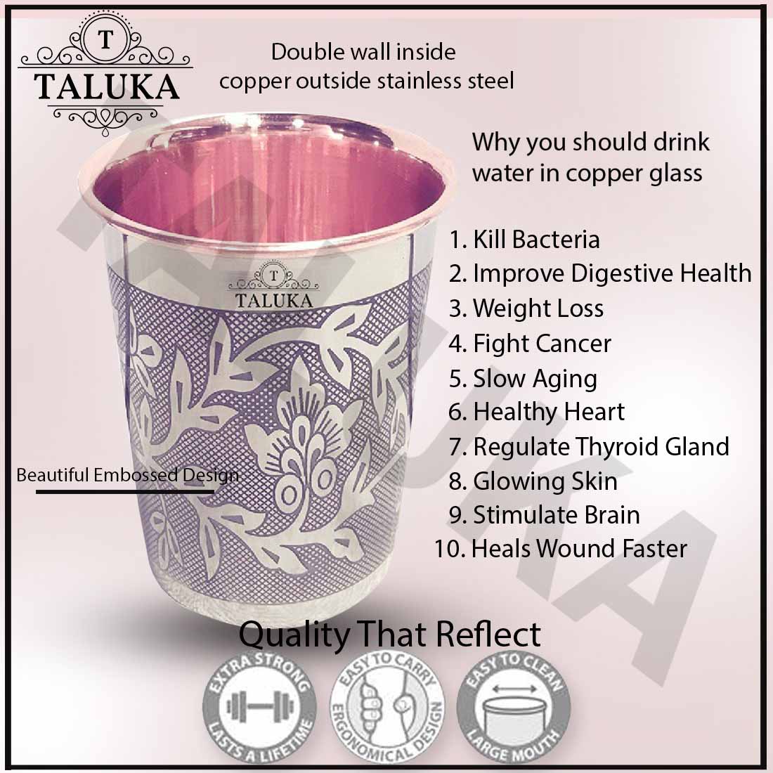 Stainless Steel Copper Glass Etching Embossed Design Tumbler Cup, Drinkware Serveware, Health Benefits Ayurveda Yoga, 4 inch Set of 1 Glass (Copper and Silver)