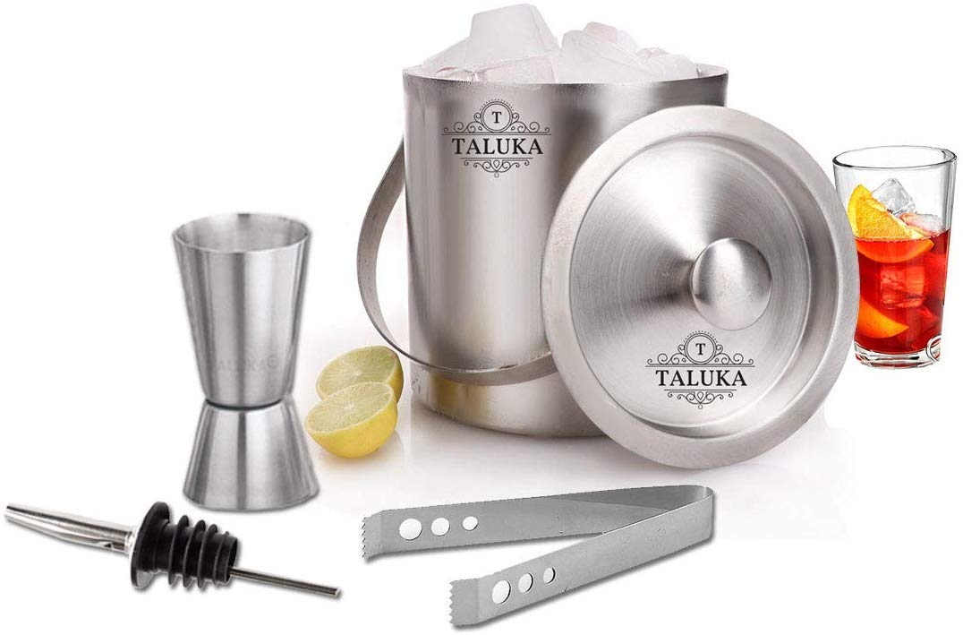 Taluka Bar Accessories Ice Bucket 1500 ML | Ice Tong | Peg Measure | Pourer | Set of 4 Pieces