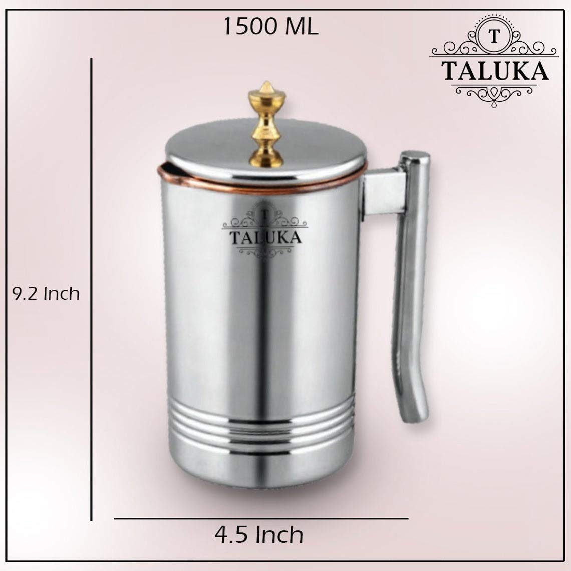 Taluka Copper Stainless Steel Jug Pitcher with Brass Knob, Storage and Serving Water Home Hotel Restaurant (1500 ML) with 2 Copper Glass
