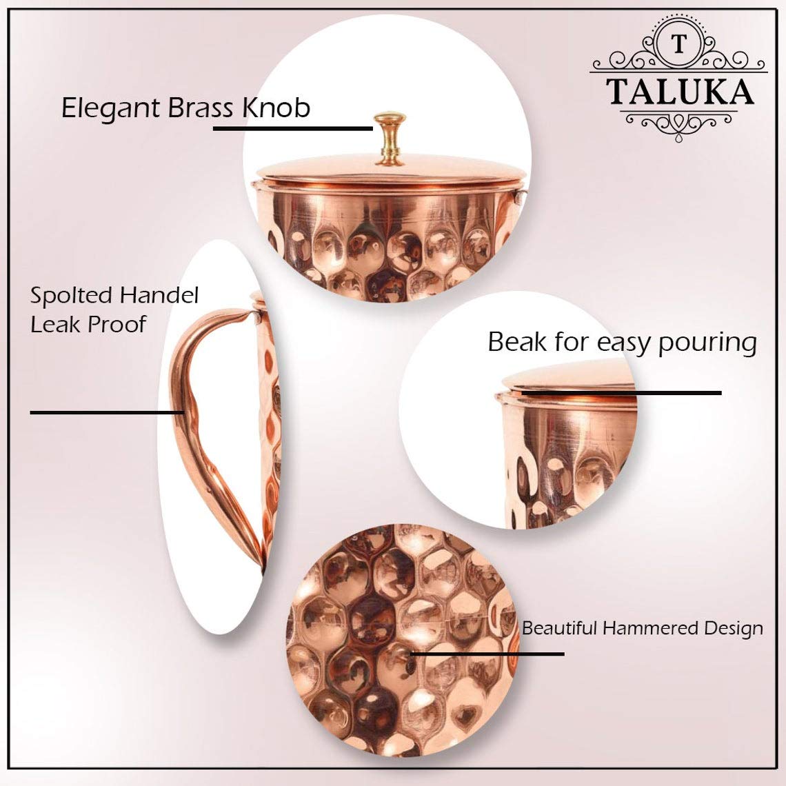 Taluka Copper Diamond Design Set of Jug 1500 ML with 4 Glass, Copper Drinkware Gift Set, Use Hotel Home Restaurant