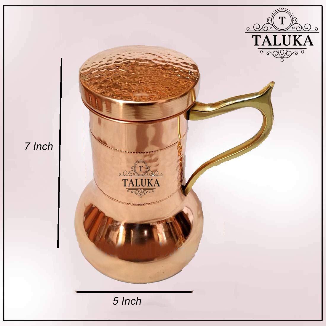Hammered Mirror Finish Pure Copper Bedroom Bottle with Inbuilt Glass Brass Handle , Drinkware,1100 ML