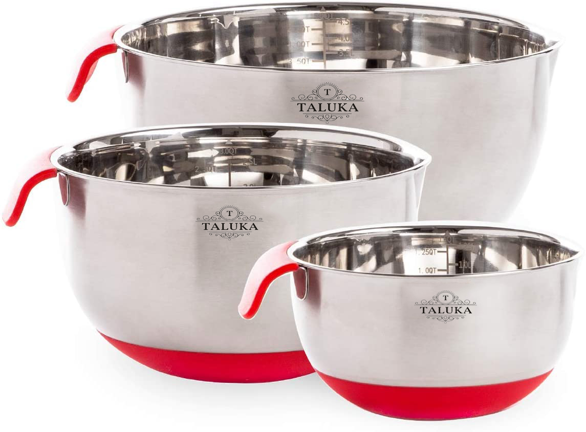 Taluka Stainless Steel Mixing Bowls with Handle Non-Slip 3 Pc Mixing Bowl Set With Measuring Cups & Spoon 4 PC for Cooking, Baking, Prepping, Food Storage