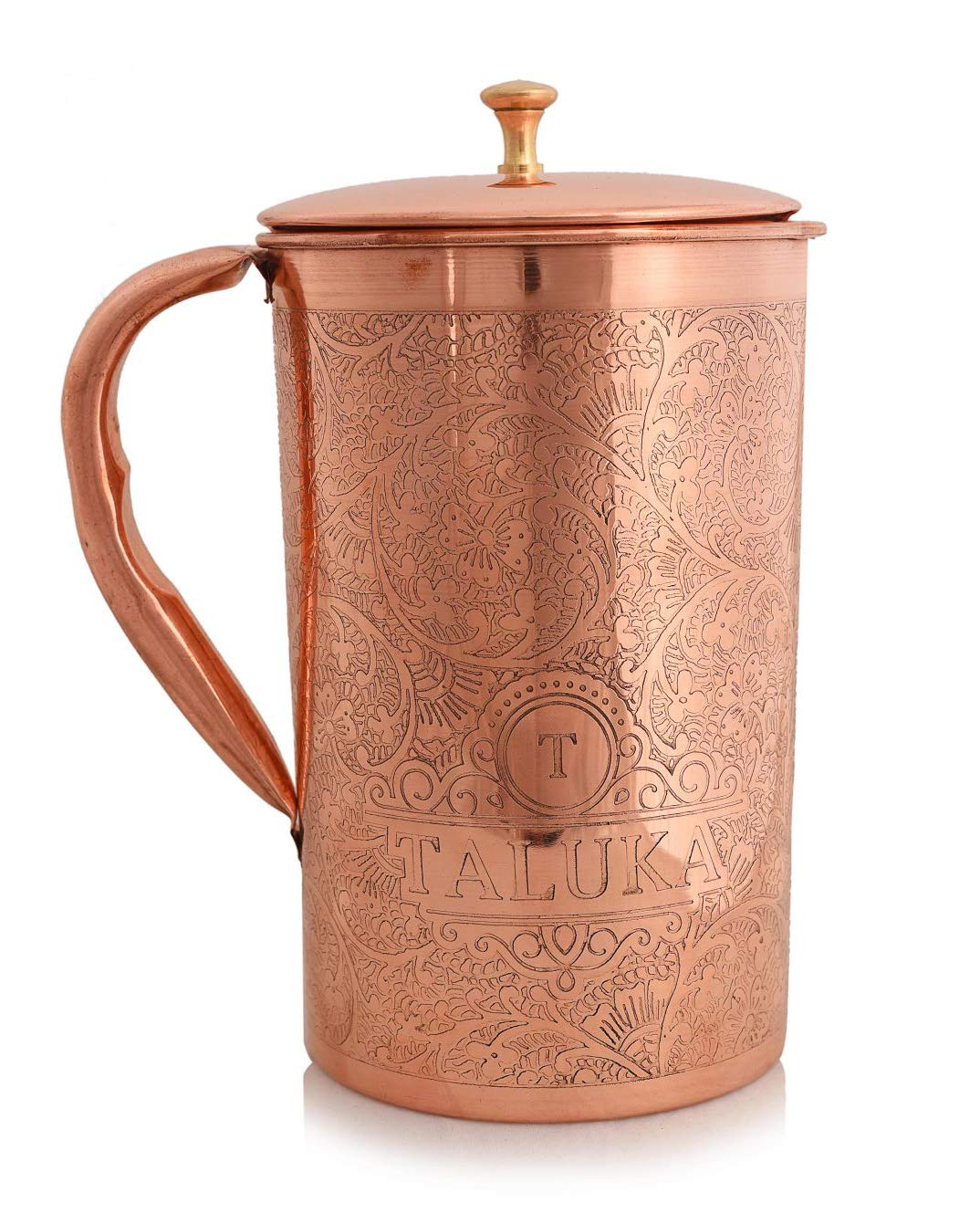 Taluka Pure Copper Embossed Water Jug Pitcher with Brass Knob 2000 ML Water Storage Hotel Home Restaurant (Size: Height 9 Inch x Dia 4.5 Inch)