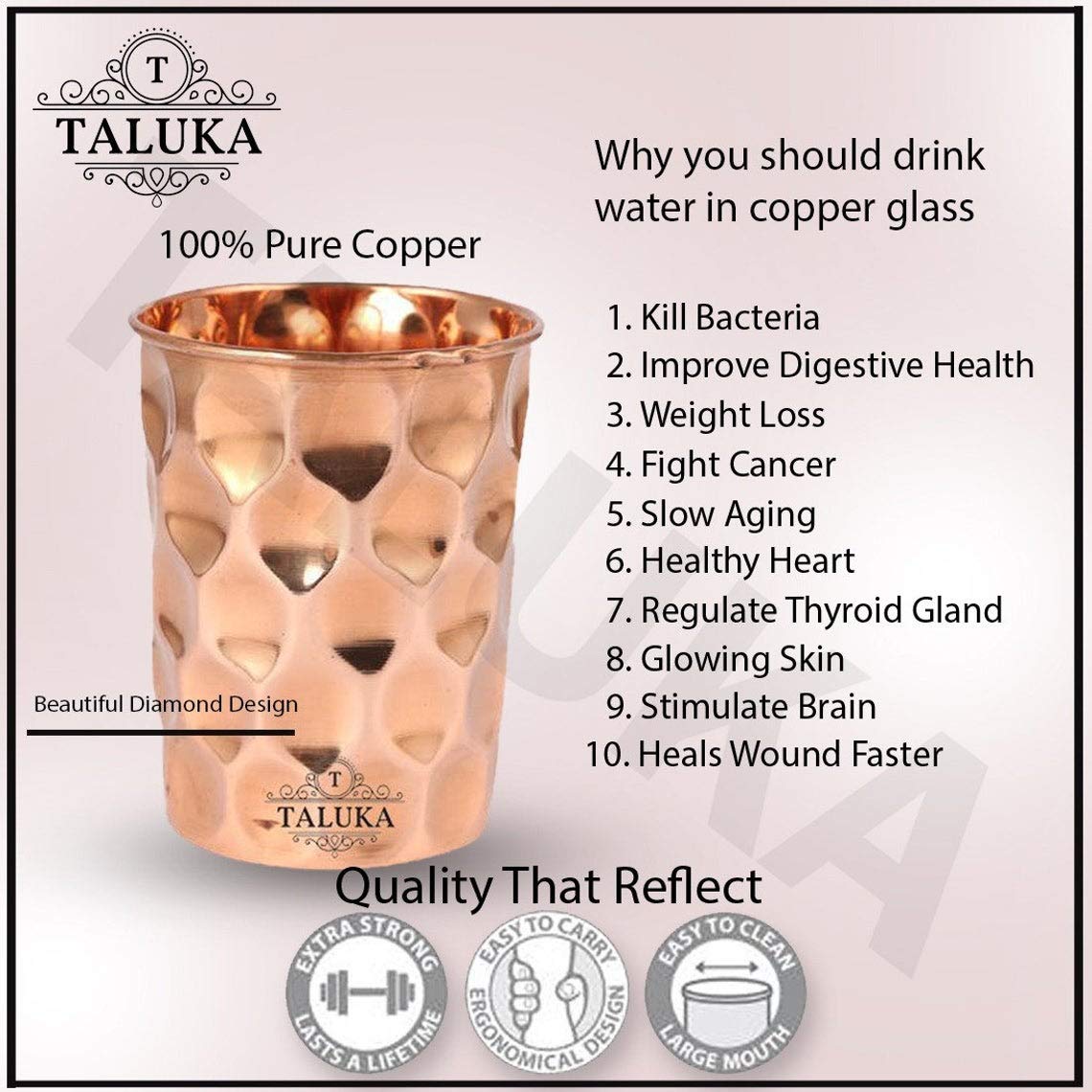 Taluka Copper Diamond Design Set of Jug 1500 ML with 2 Glass, Copper Drinkware Gift Set, Use Hotel Home Restaurant