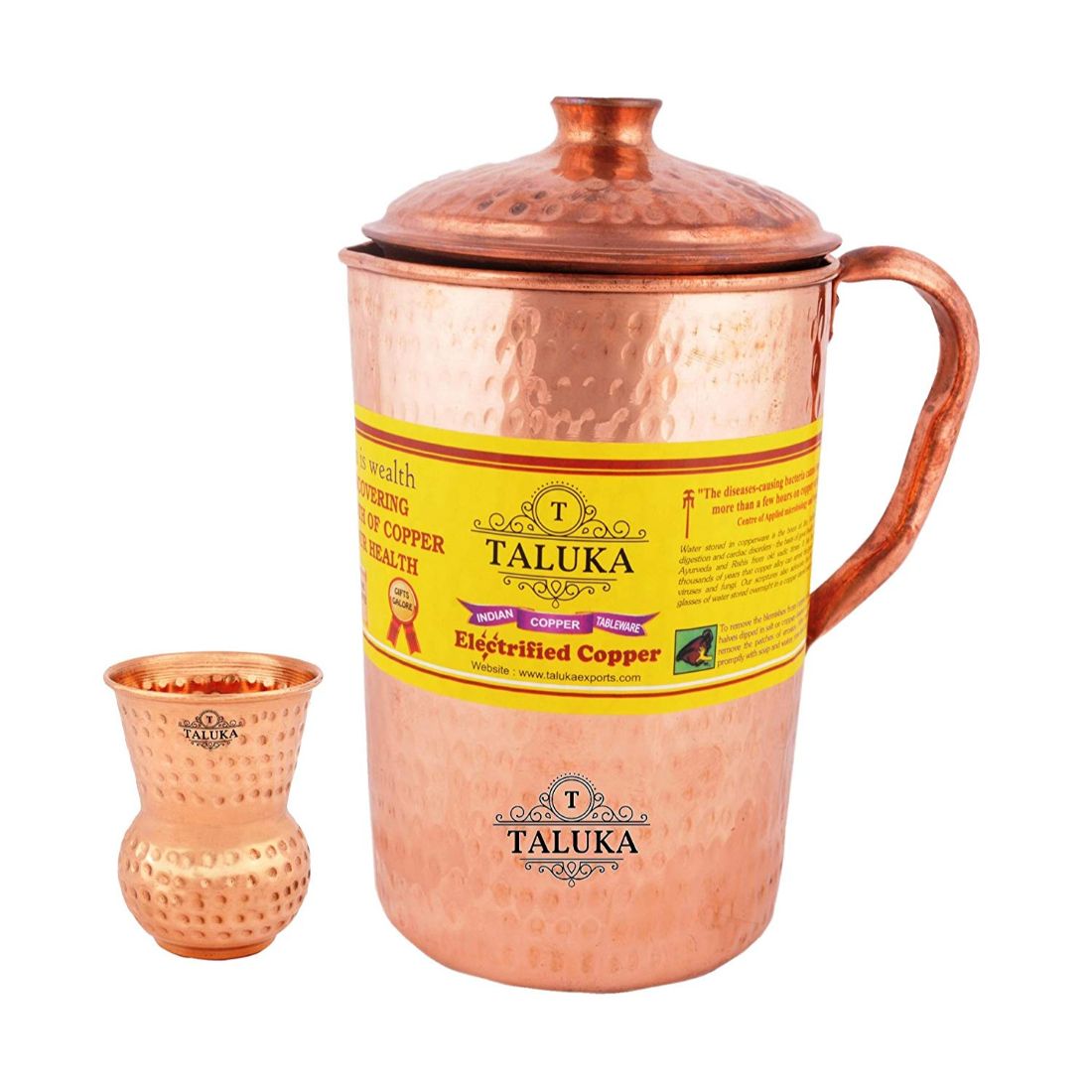 Handmade Pure Copper Hammered Jug 2000 ML with Copper Round Bottom Hammered Water Glass 300 ML 1 PC Good Health Benefit
