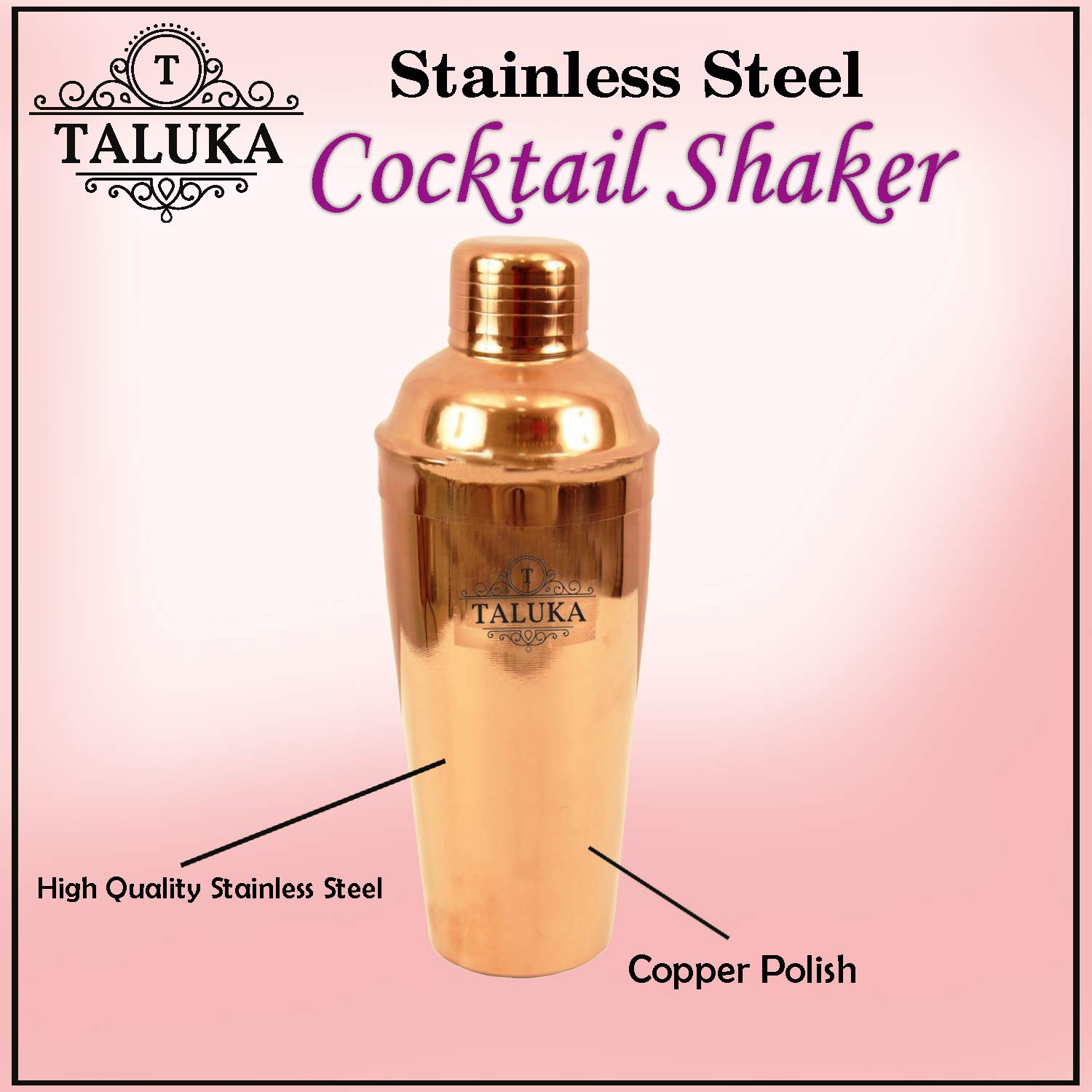 Taluka Copper Polish Steel Cocktail Wine Shaker 750 ML - Mixing & Serving Wine Cocktail Bottle with Double Side Peg Measure & Drink Measuring Bar Tool 30/60Ml