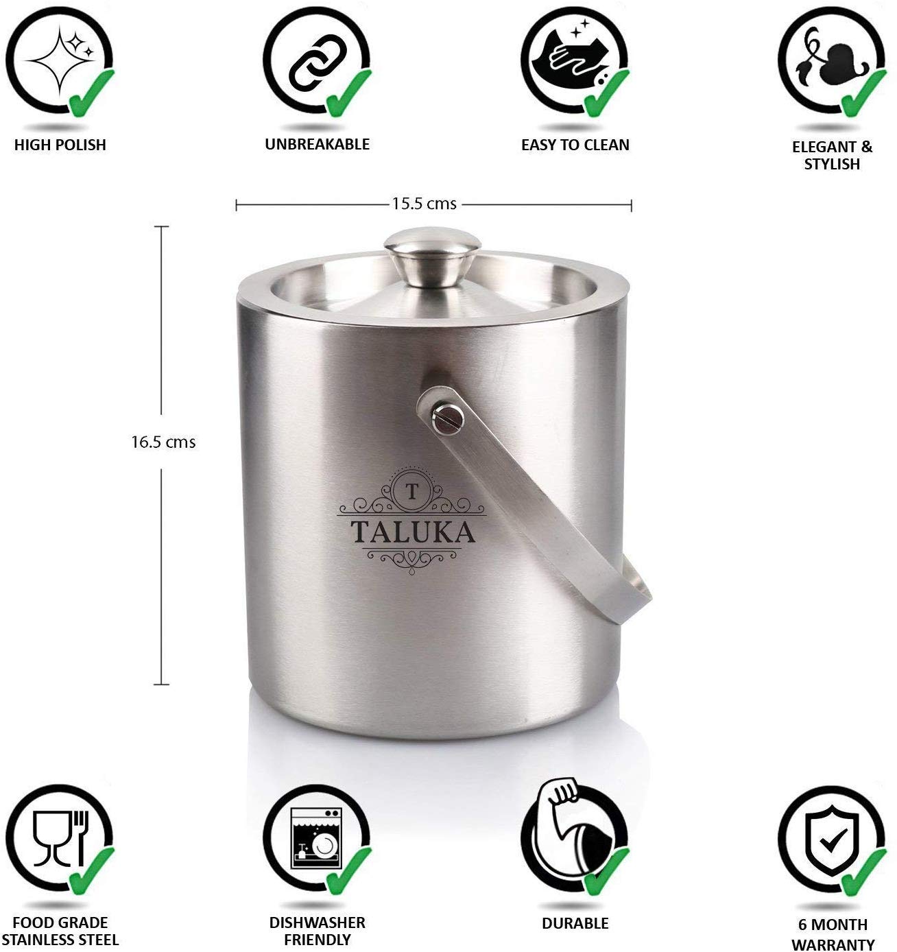 Taluka Bar Accessories Ice Bucket 1500 ML | Ice Tong | Peg Measure | Pourer | Set of 4 Pieces