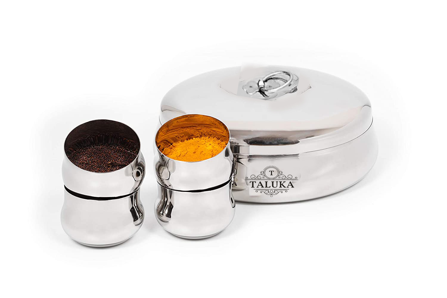 Taluka Stainless Steel Smart Kitchen Masala Box / Spice-box/masala-dani with 7 Containers and Spoon, Lid with Handle