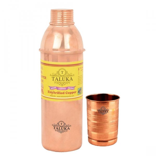 Pure Copper Water Bottle With 1 PC Glass Tumbler 300 ML Travel Use Water Bottle Ayurvedic Health Benefits