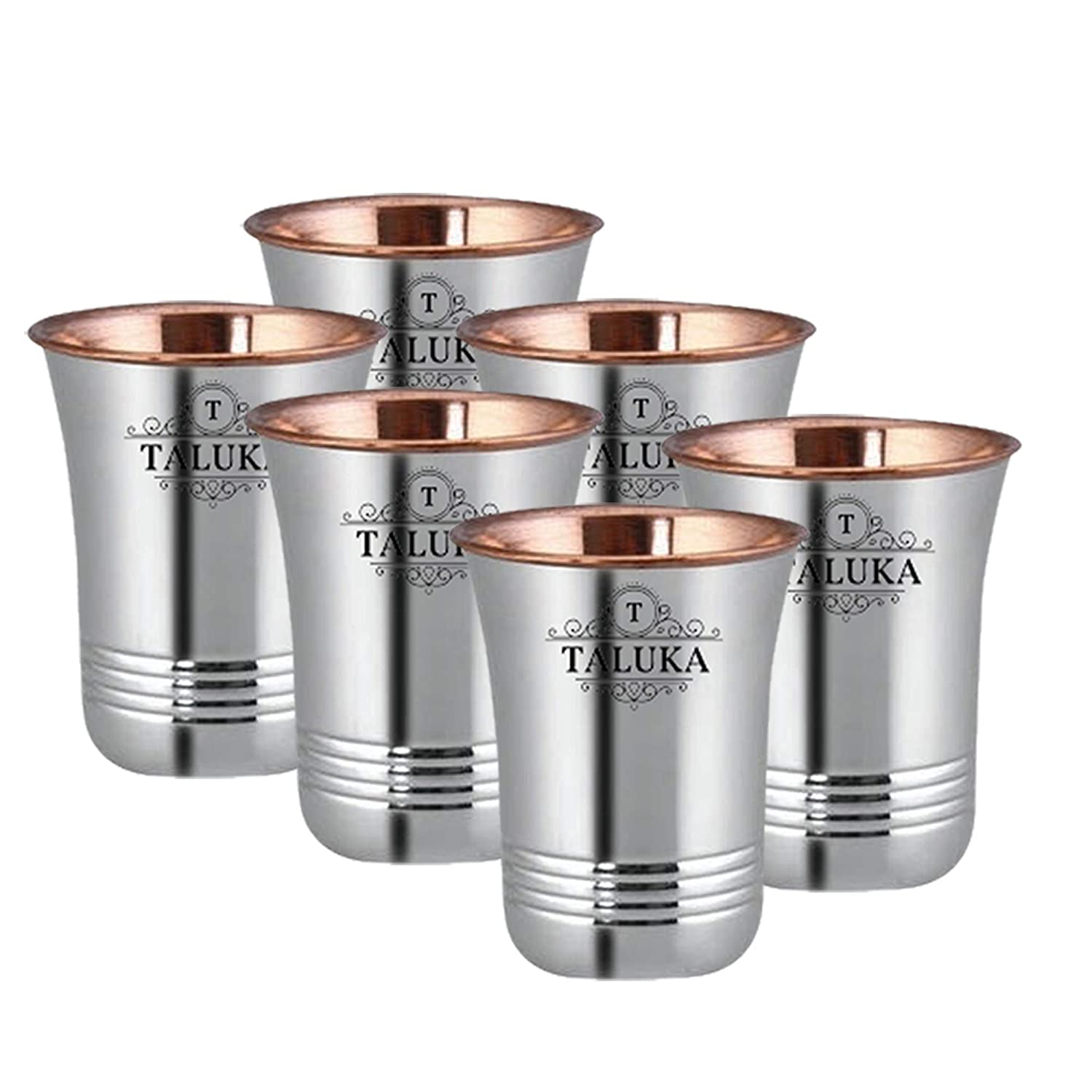 Taluka Copper Steel Designer Glasses Tumbler (300 ml/Each) Steel /Copper Ware Set of 6pcs