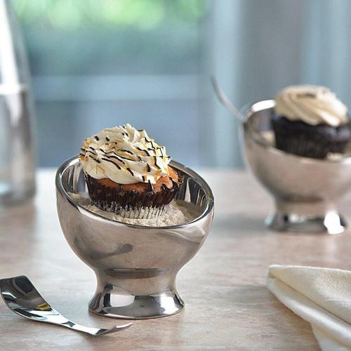 TALUKA Double Wall Stainless Steel Ice Cream Cups with Spoon Mirror Finish, Curved Design, Dessert Bowl