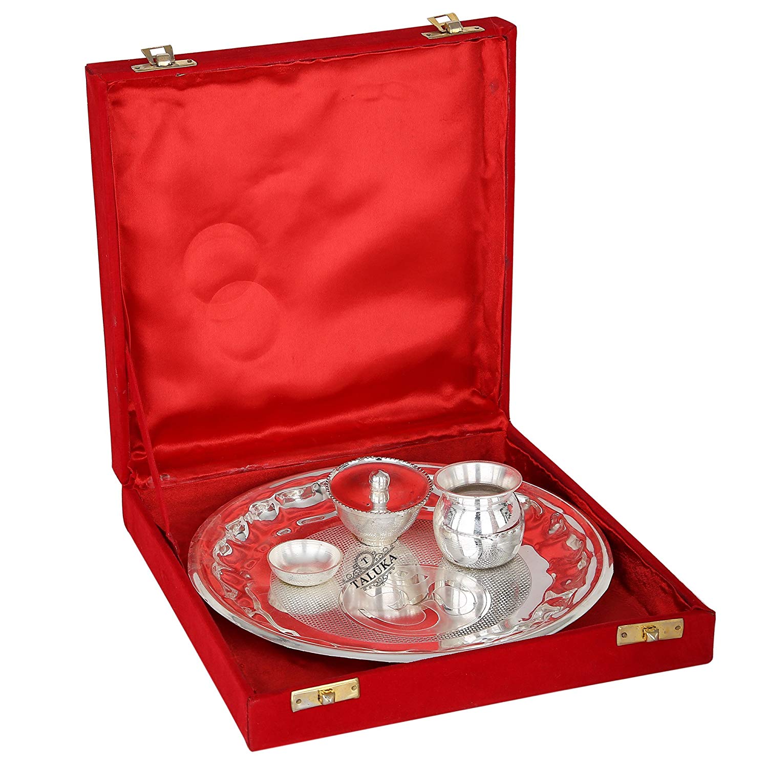 Decorative Om Design Silver Plated Pooja Aarti Thali - 4 Pieces with Gift  Box