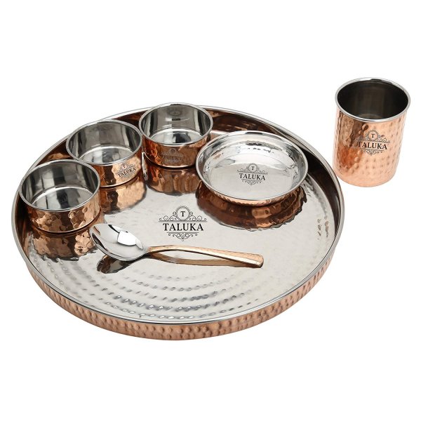 Indian Copper Steel Hammered Dinner Set Of Bowl Thali Plate Spoon Glass Pack 6/7 