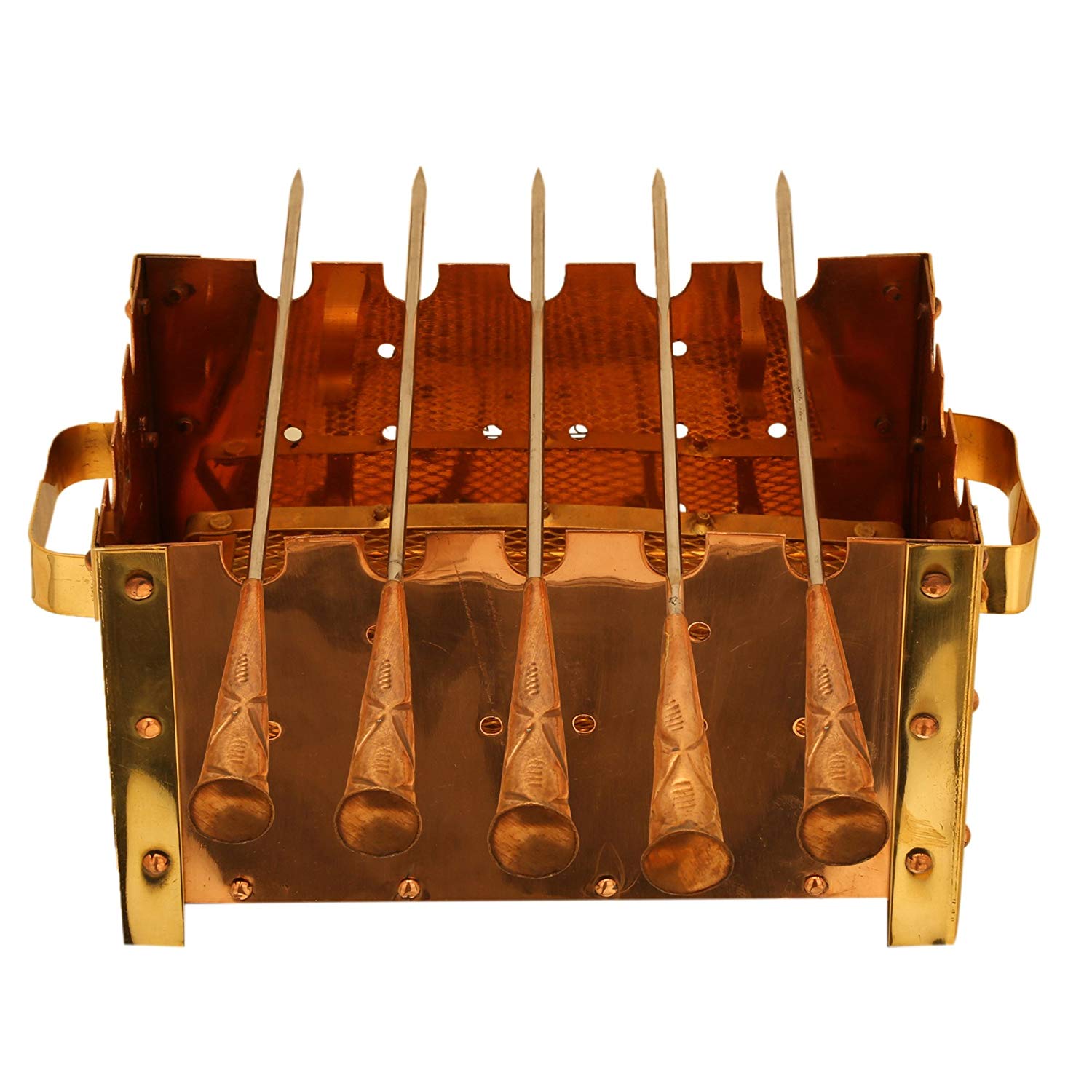 Pure Copper Paneer Tikka Rectangular Barbecue Grille With 5 Skewers | For Paneer Chicken Tikka Dish Garden Outdoor Picnic Use. (10" x 5" Inches)