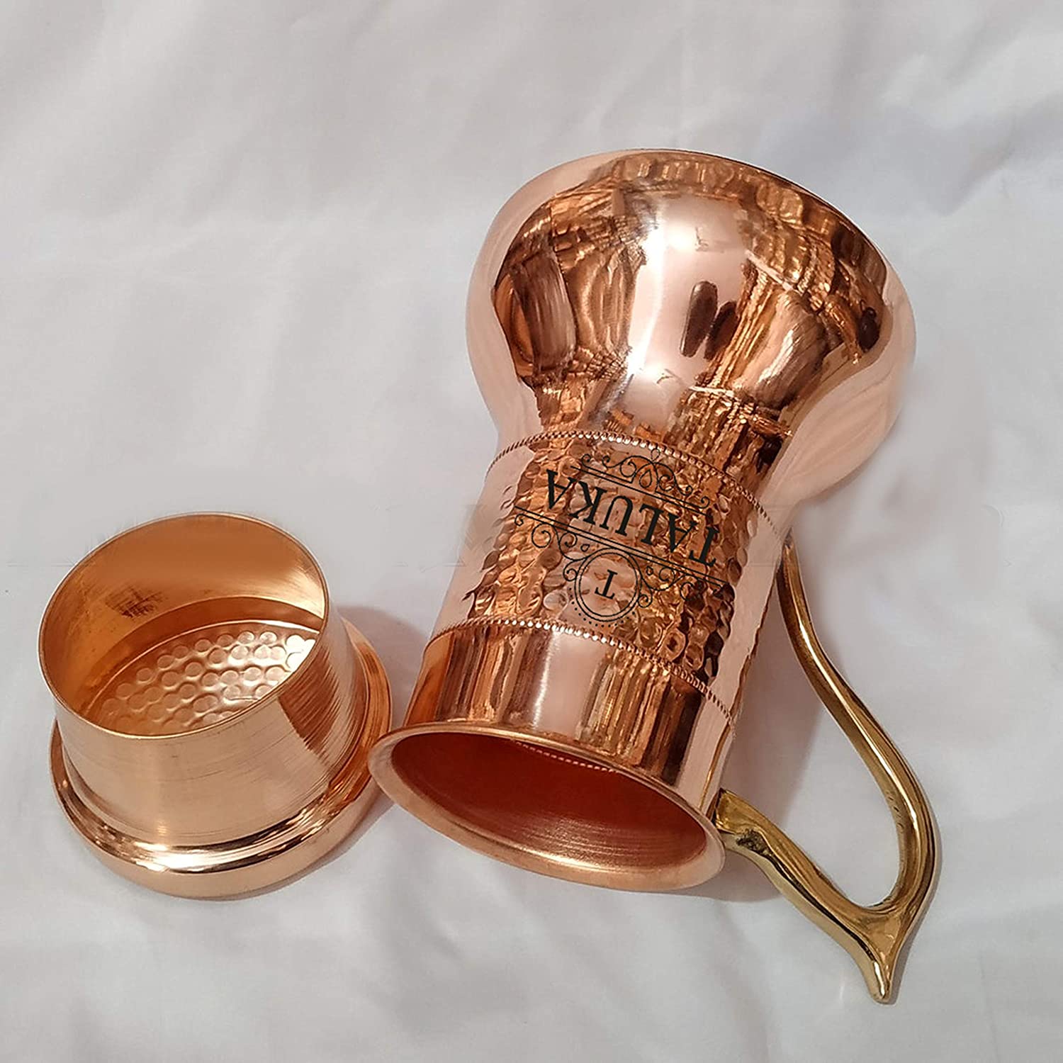 Hammered Mirror Finish Pure Copper Bedroom Bottle with Inbuilt Glass Brass Handle , Drinkware,1100 ML