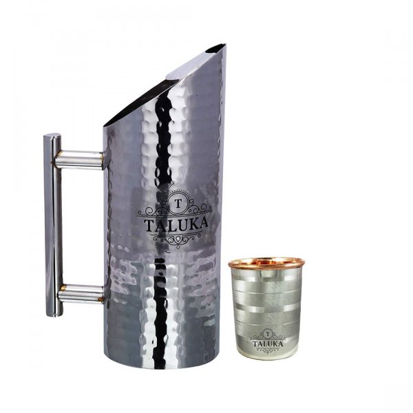 Stainless Steel Jug Hammered Pitcher Pipe Handle 1500 ML With Copper Steel Glass Tumbler Drinkware 350 ML 1 PC
