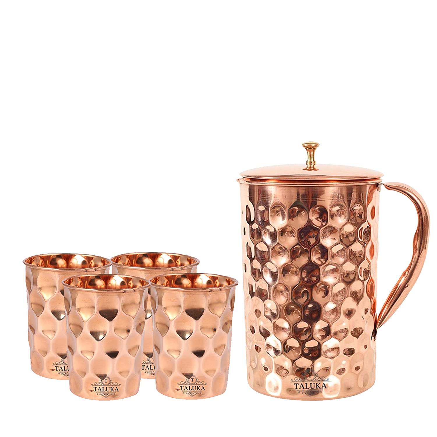 Taluka Copper Diamond Design Set of Jug 1500 ML with 4 Glass, Copper Drinkware Gift Set, Use Hotel Home Restaurant