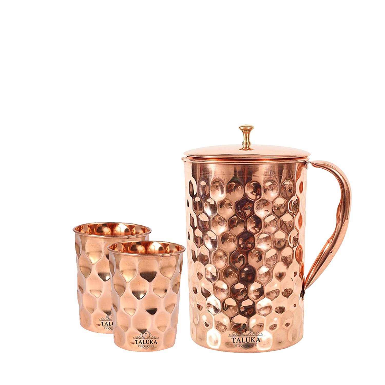 Taluka Copper Diamond Design Set of Jug 1500 ML with 2 Glass, Copper Drinkware Gift Set, Use Hotel Home Restaurant