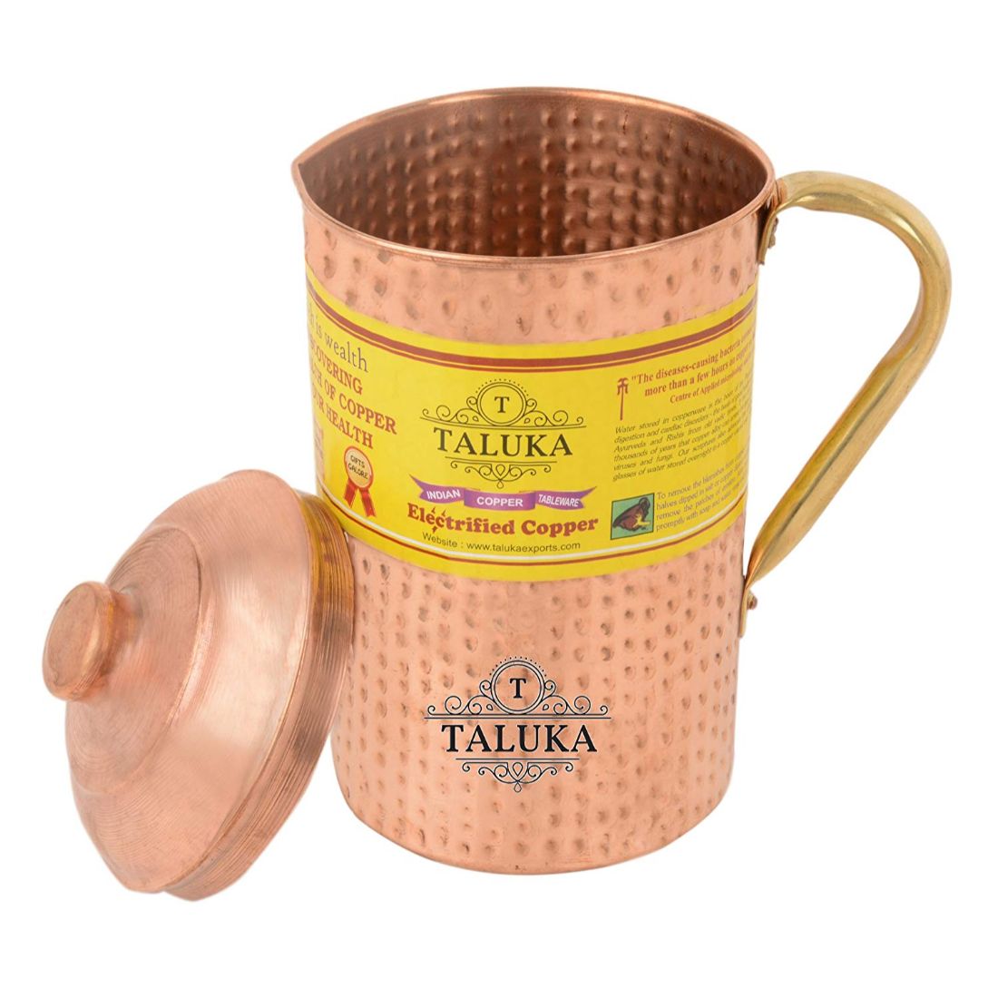 Handmade Copper Hammered Water Jug with Brass Handle 2000 ML with 1 PC Glass 300 ML -Serving Storage water