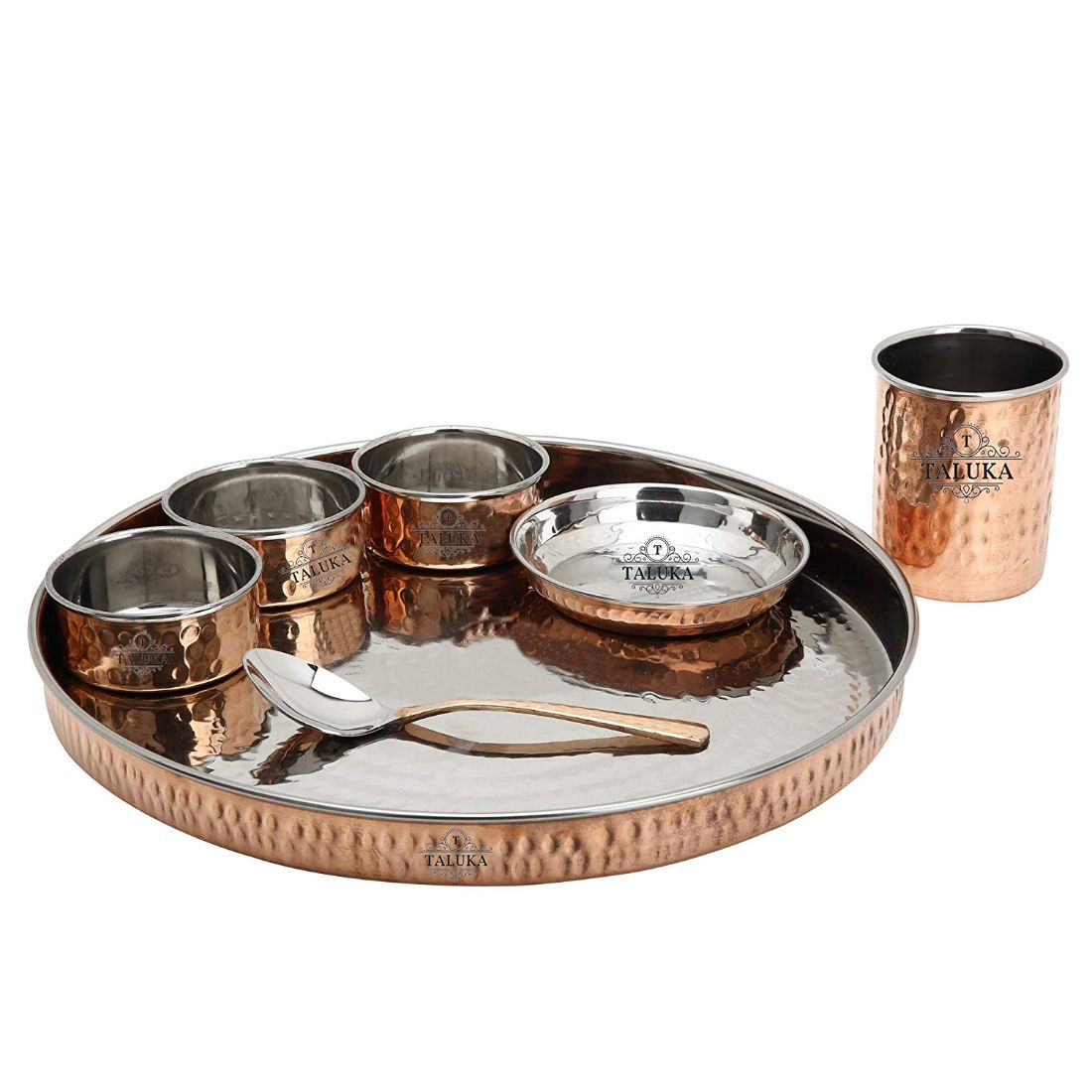 Copper Steel Hand Made Kitchen Plate/Thali Dinner Set of 7 (1 Thali, 3 Bowls, 1 Pudding Bowl, 1 Spoon, 1 Copper Glass) Hotel Home Dinnerware Gifting Purposes