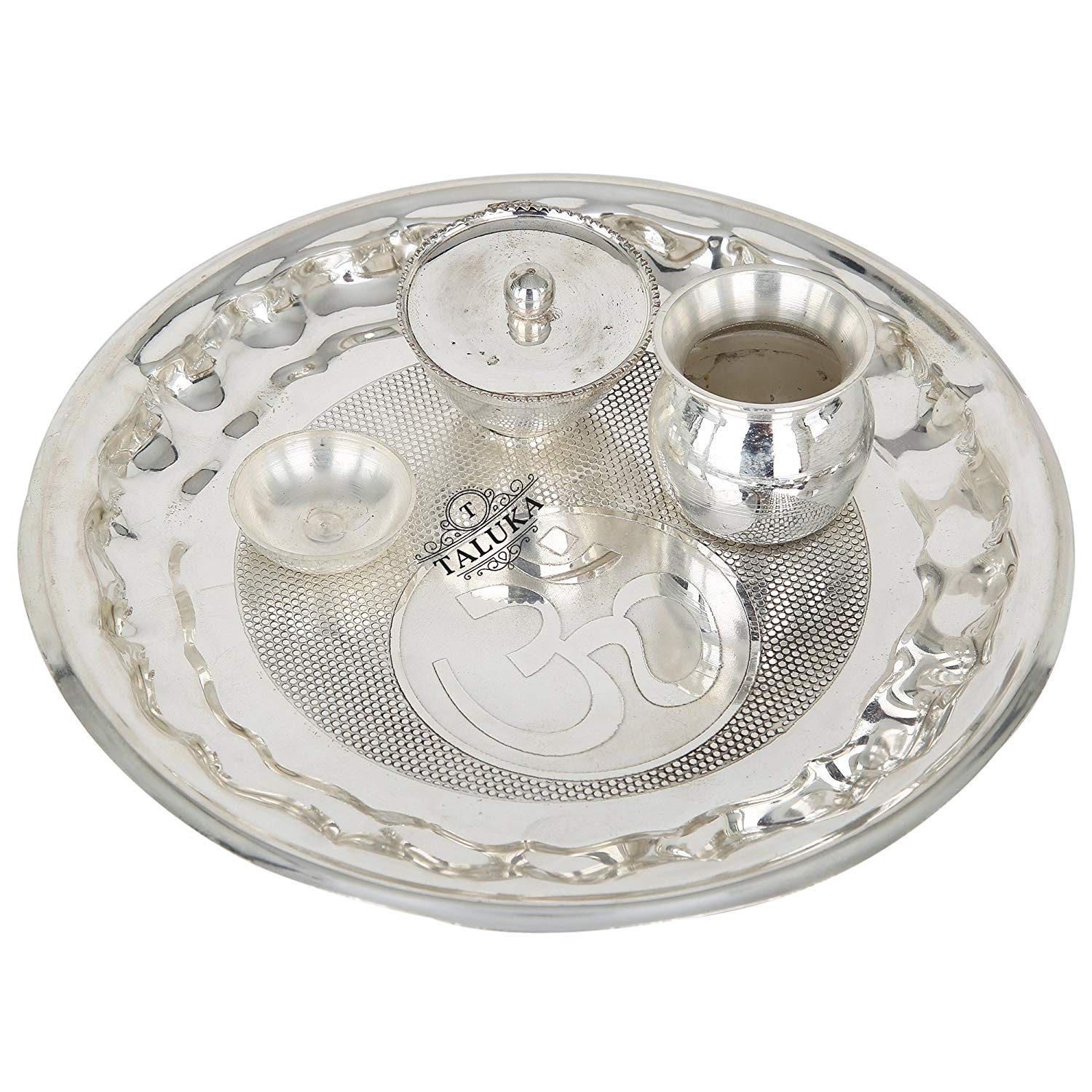 Decorative Om Design Silver Plated Pooja Aarti Thali - 4 Pieces with Gift  Box
