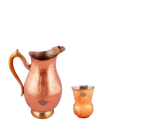Pure Copper Water Jug 2000 ML With 1 PC Copper Steel Round Bottom Hammered Glass 300 ML For Health Benefits