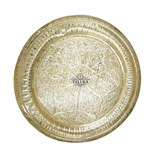Brass Embossed Tray Serving Tray, Plate, Charger Round Shape Royal Look Platter