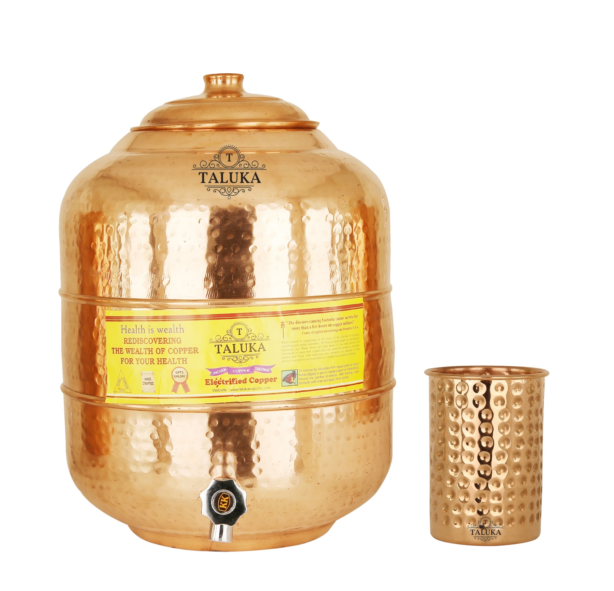 Copper Hammer Water Pot Tank Dispenser 12 Liter With 350 ML Glass 1 PC Dinkware
