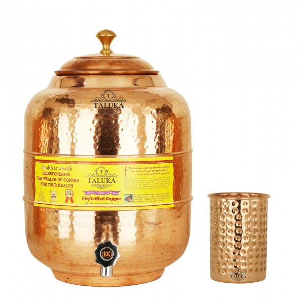 Copper Hammer Water Pot Tank Dispenser 5 Liter With 350 ML Glass 1 PC Dinkware