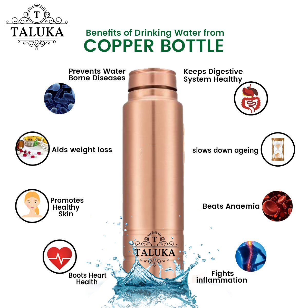 Copper Straight Designer Leak Proof Joint Free Drinking Water Bottle