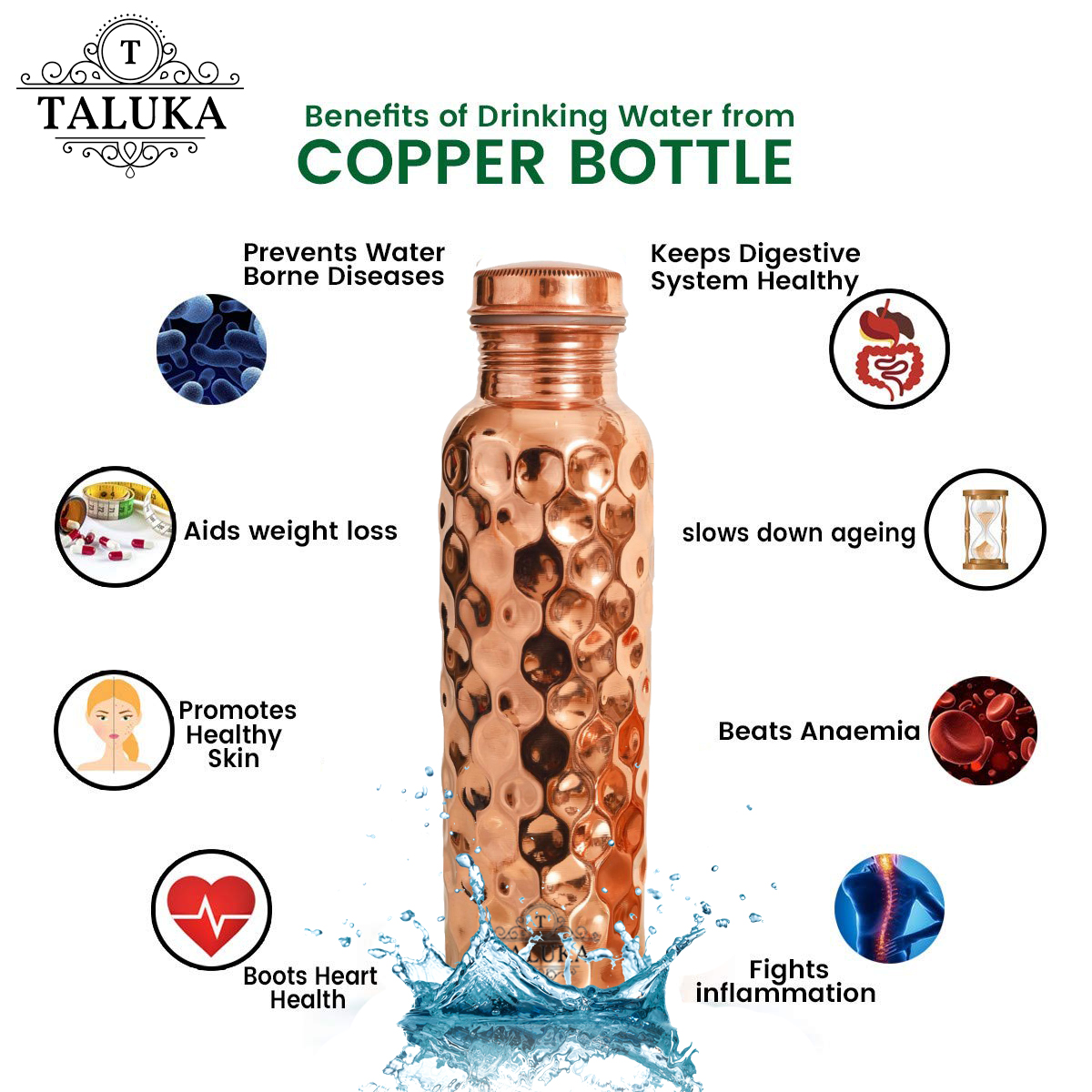 Copper Hammered Diamond Design Drinking Water Bottle 1000 ML