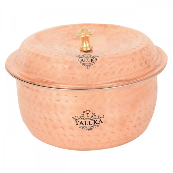 Copper Hammered Insulated Chapati Box With Brass Handle Serving Casserole