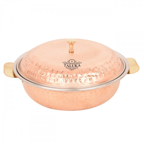 Copper Hammered Insulated Chapati Box With Brass Knob Lid Serving Casserole
