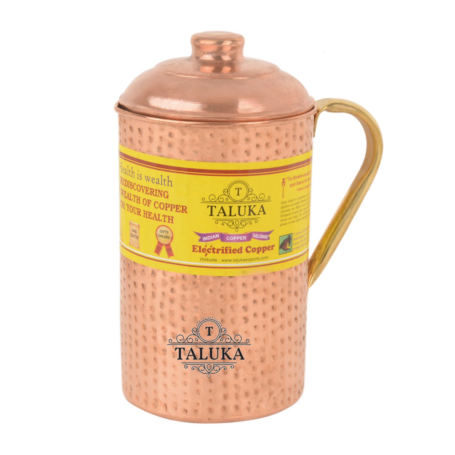 Copper Hammered Joint Free Leak Proof Water Bottle 1000 ML, Jug with Brass Handle 2000 ML with 1 PC Glass 300 ML