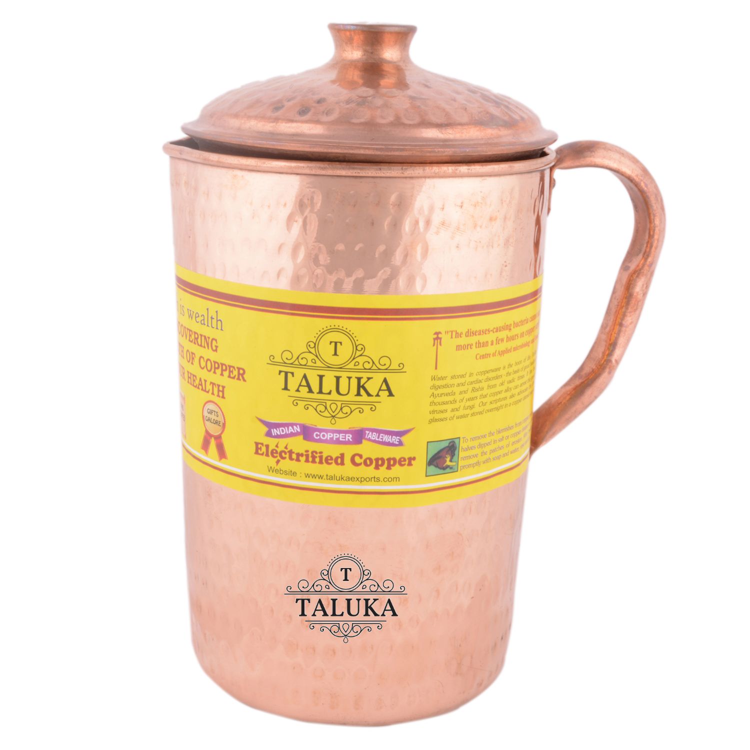 Copper Hammered Jug 2000 ML with Leak Proof Joint Free Water Bottle 1000 ML, with 1 PC Glass 300 ML - Storage water