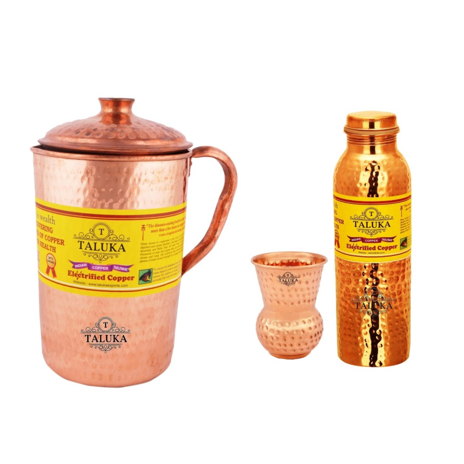 Copper Hammered Jug 2000 ML with Leak Proof Joint Free Water Bottle 1000 ML, with 1 PC Glass 300 ML - Storage water