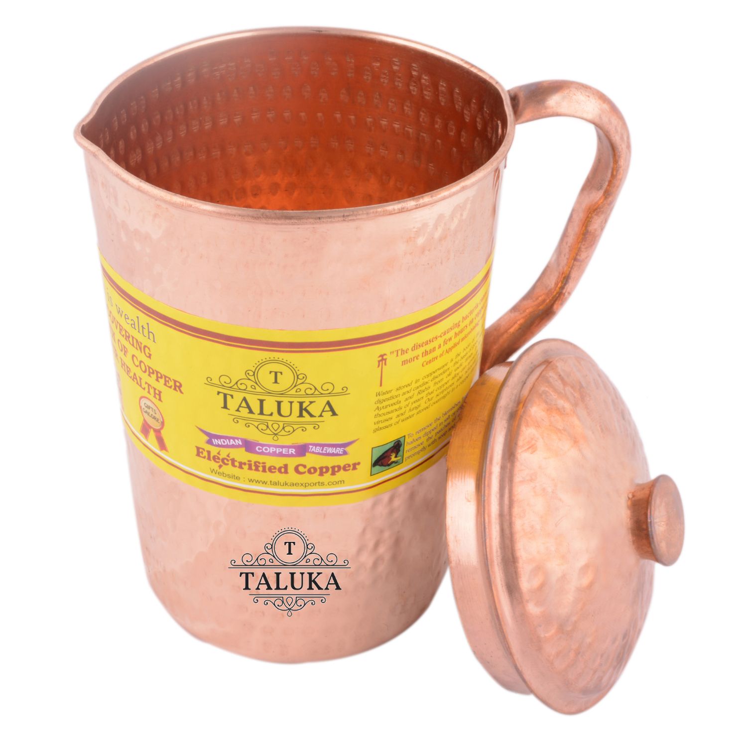 Copper Hammered Jug 2000 ML with Water Bottle 1700 ML, with 1 PC Round Bottom Glass 300 ML Good Health Benefit Yoga Ayurveda