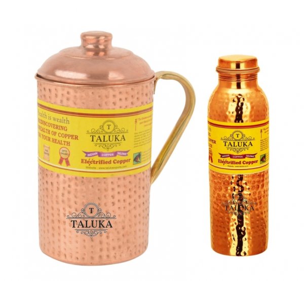 Copper Hammered Leak Proof Joint Free Water Bottle 1000 ML 1 PC, 1 PC Copper Jug with Brass Handle 2000 ML- Storage water