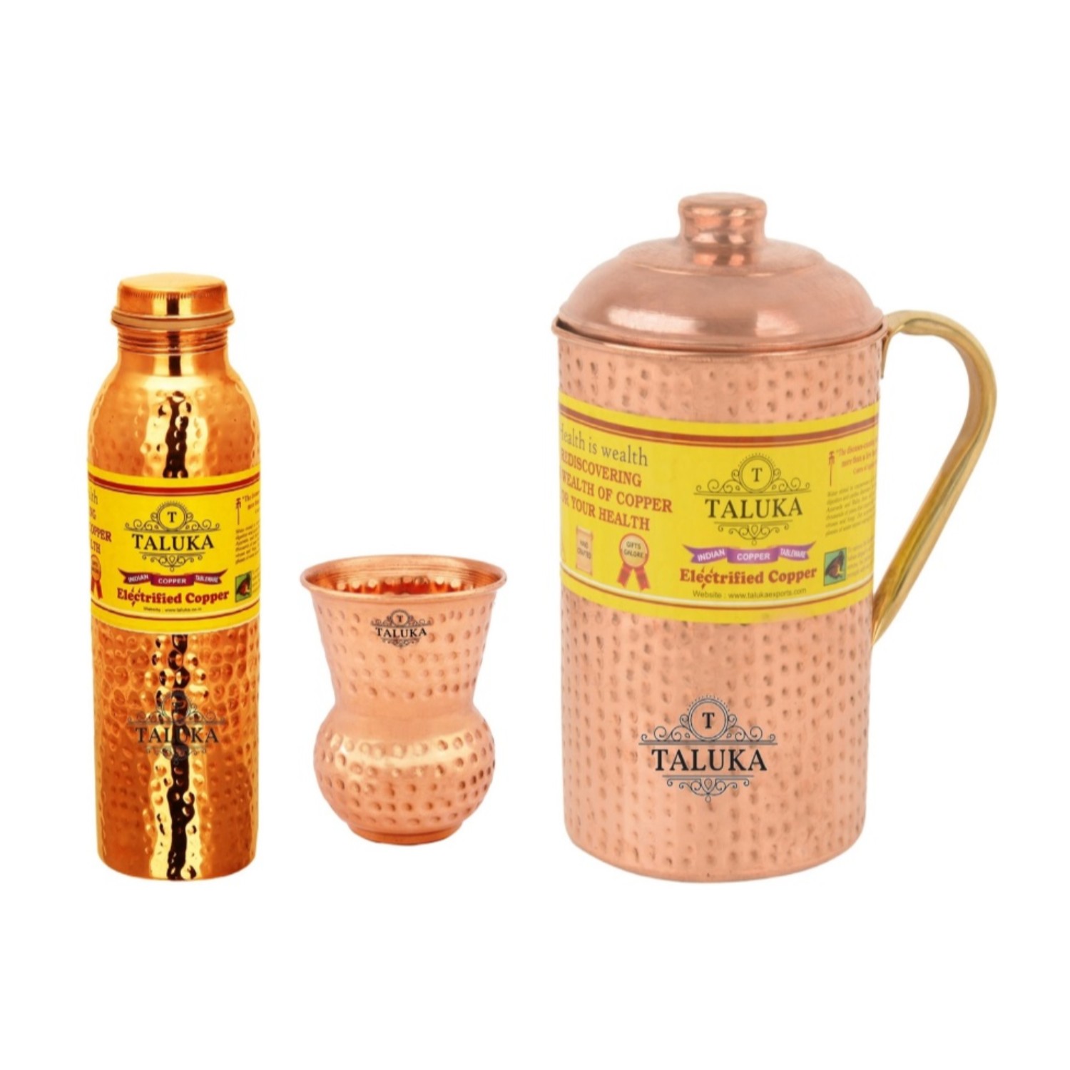 Copper Hammered Leak Proof Water Bottle 1000 ML, Jug with Brass Handle 2000 ML with 1 PC Round Bottom Glass 300 ML Tableware