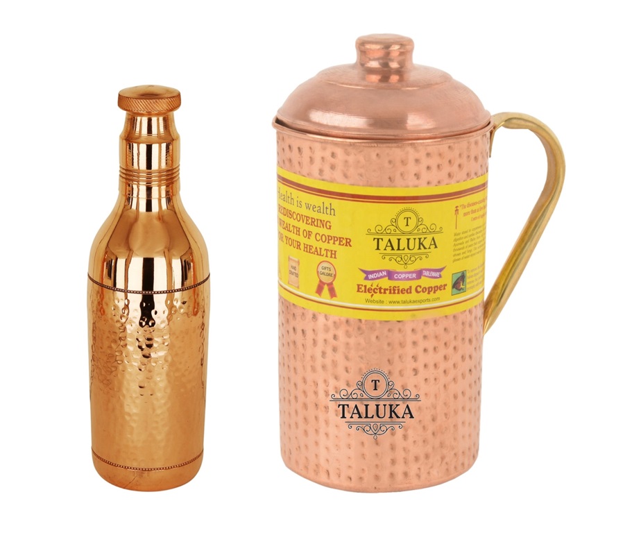 Copper Hammered Water Bottle 1700 ML 1 PC Bottle, 1 PC Copper Jug with Brass Handle 2000 ML Storage water Good Health Benefit