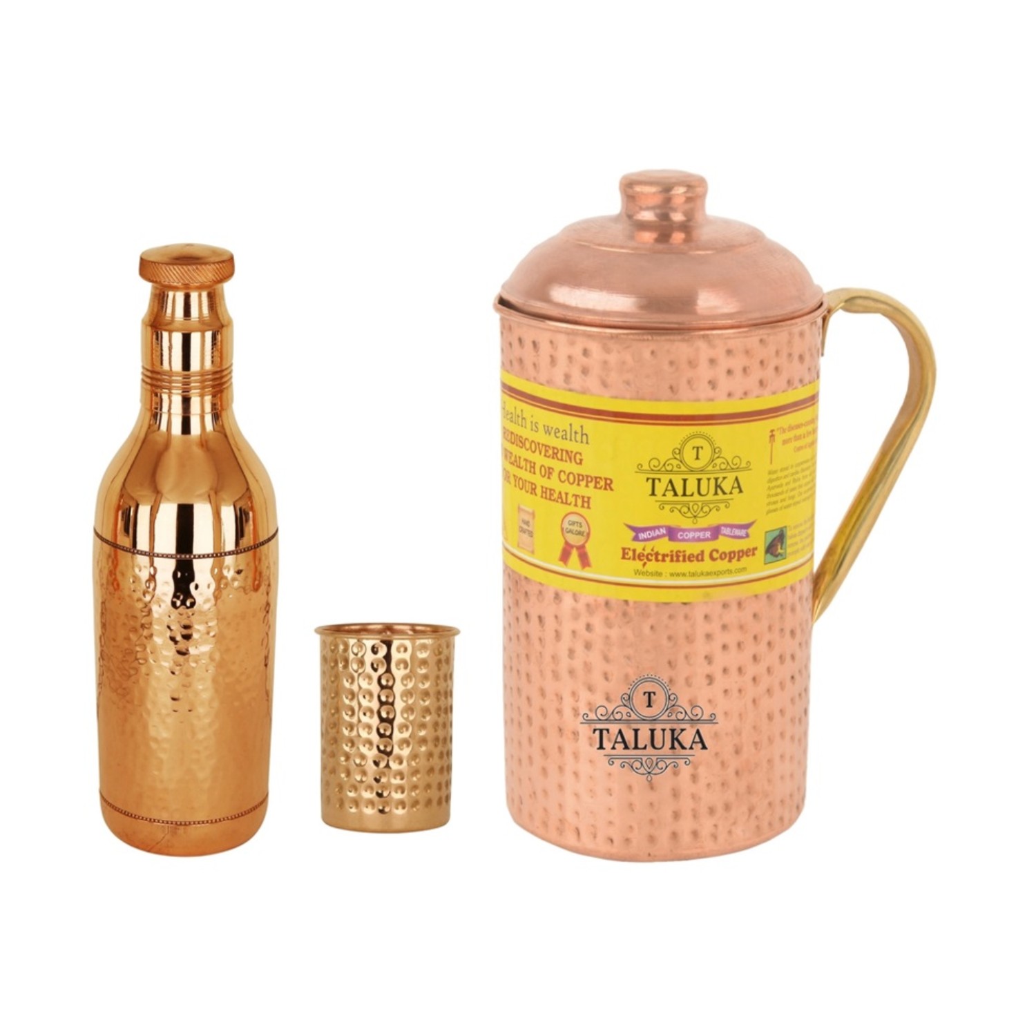 Copper Hammered Water Bottle 1700 ML, Jug with Brass Handle 2000 ML with 1 PC Glass 300 ML-Storage water