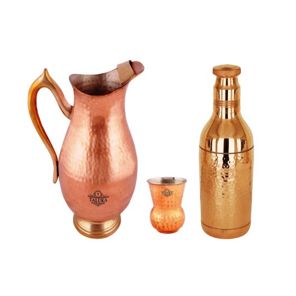 Copper Handmade 2000 Ml Drinking Water Jug With 1 PC Copper Steel Round Bottom Glass 1 Bottle 1700 ML For Health Benefits