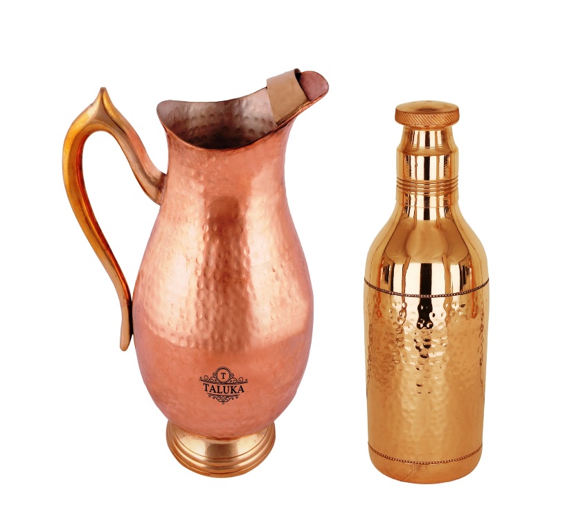 Copper Handmade Jug 2000 ML with 1 PC Hammer Water Bottle 1700 ML- Storage water Good Health Benefit Pack Of 2